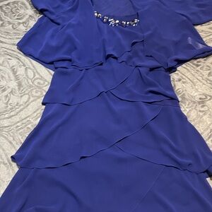 SLNY Blue Embellished Tiered Sheath Dress with Flutter Sleeves